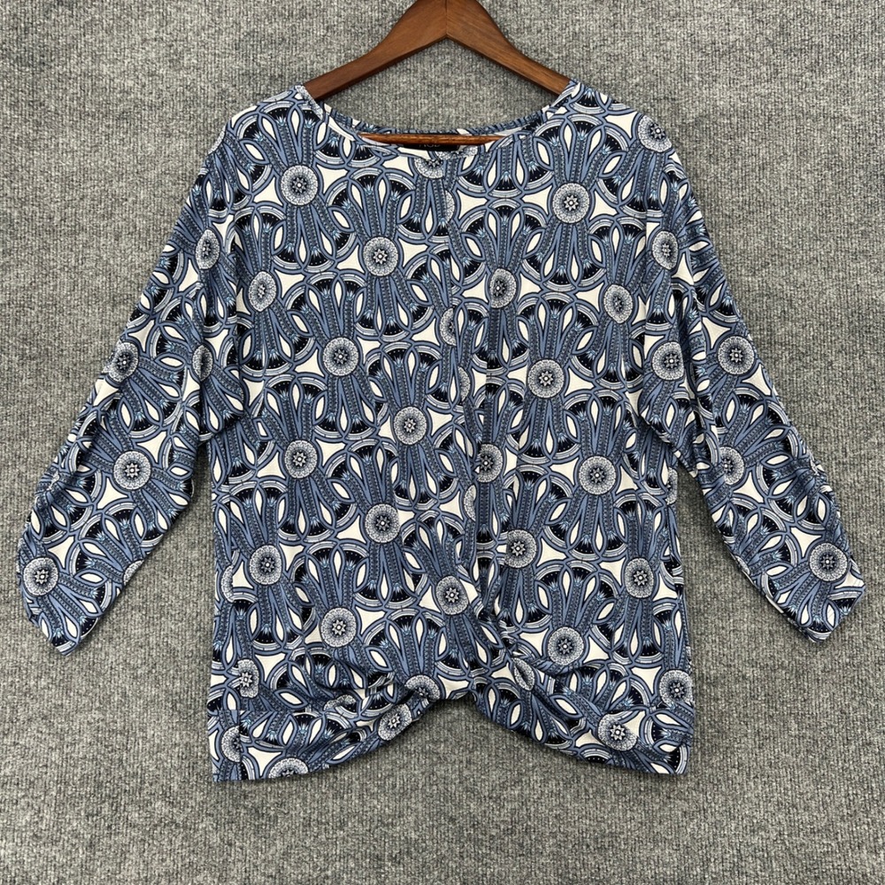 AGB Twist Front Blouse Womens Large Blue Geometric Medallion 3/4 Sleeve Boho
